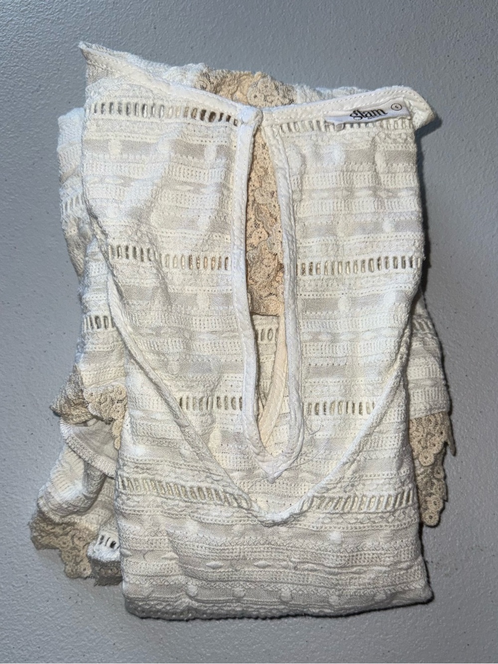 Glam Small White Tan Eyelet Lace Romper Crochet Trim Sleeveless Summer Boho - Picture 3 of 13